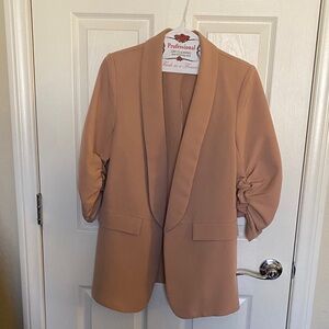 Tan Blazer with Ruched Sleeves